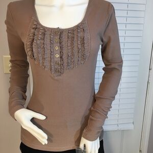 Covington 100% Cotton Tan Knit Fringes Ruffle Front Button Blouse Size S Petites